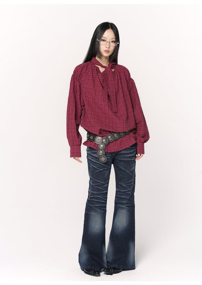 CONFUN Design sense three-dimensional cat whiskers, aged washed flared jeans style