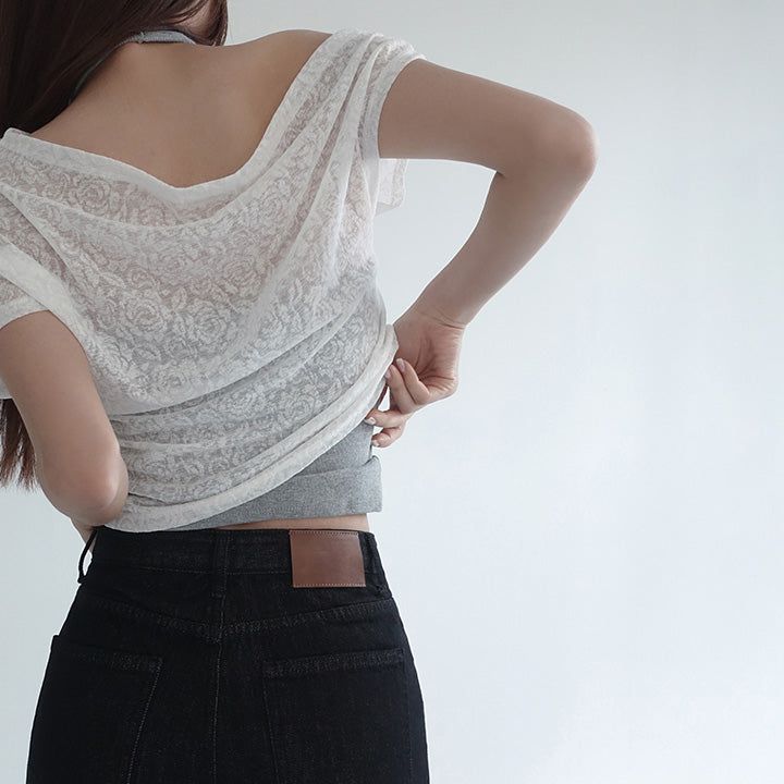[Jace] Flower Lace See-Through One Shoulder Cropped Short-Sleeved T-Shirt - 3 colors