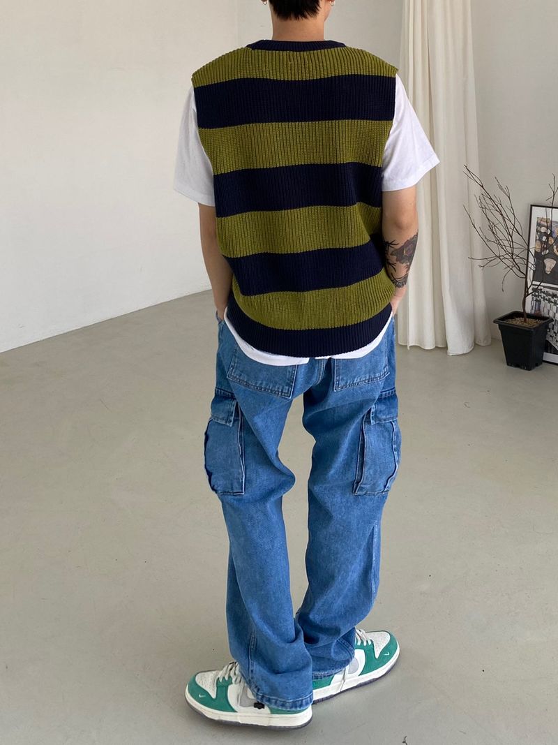 Stripe round neck knit vest 2C