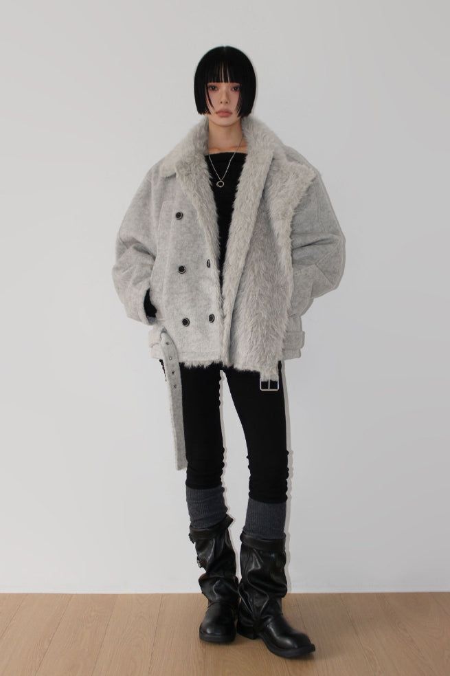 (3oz Quilting) FUR-COLLAR DOUBLE SHORT COAT