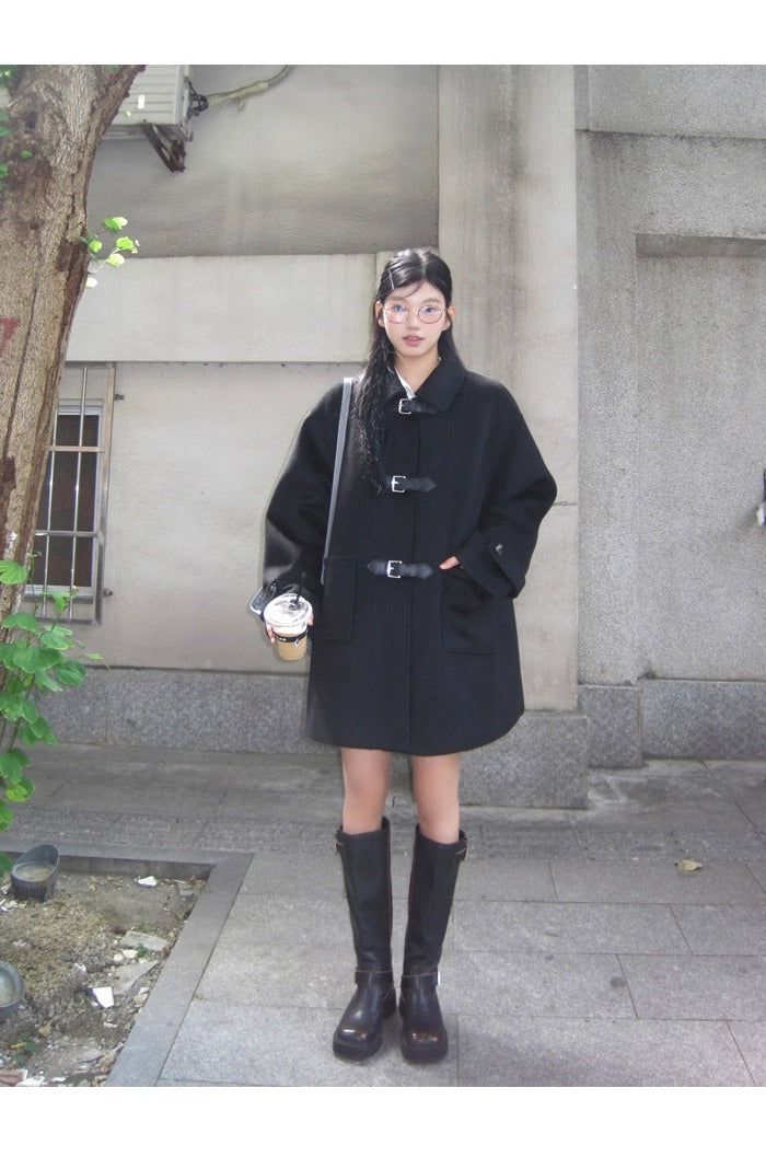 wool black collar buckle half coat