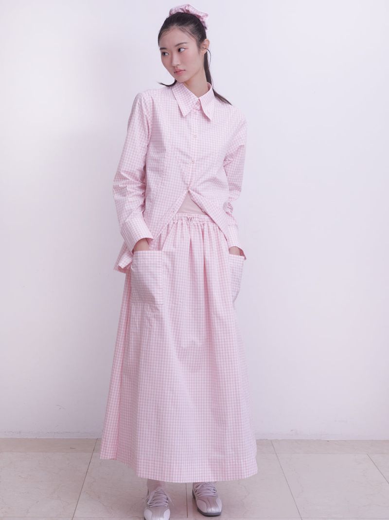 Innermuseum（インナーミュージアム）の「Gingham check pocket shirring Long skirt (PINK)（Skirts）」