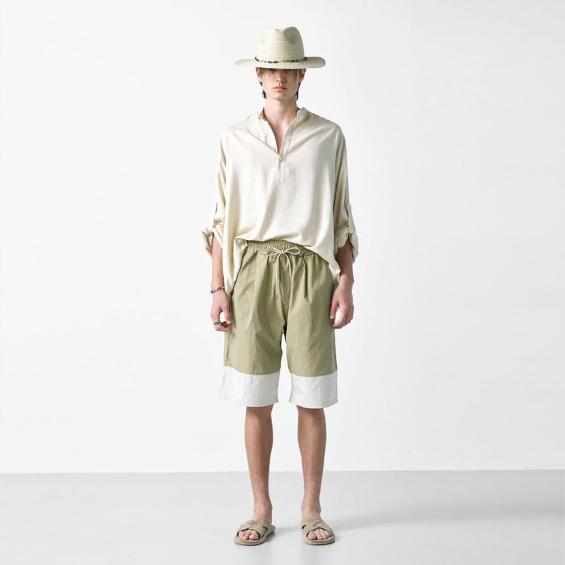 color block banding half nylon pants beige