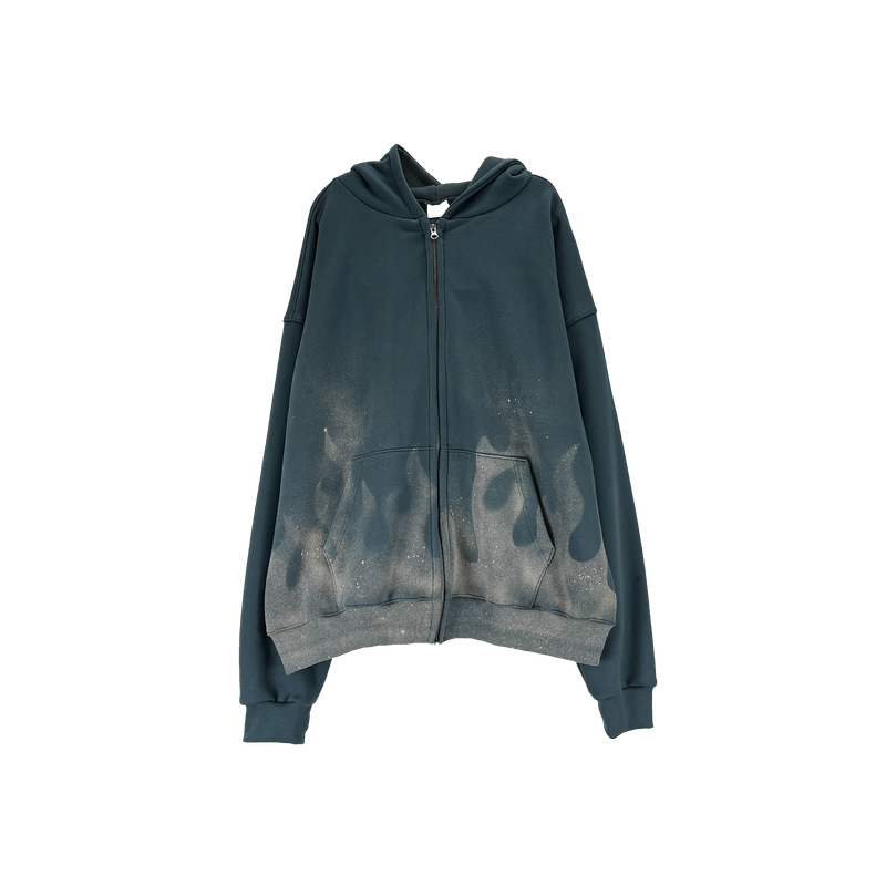 flame washed hooded zip-up