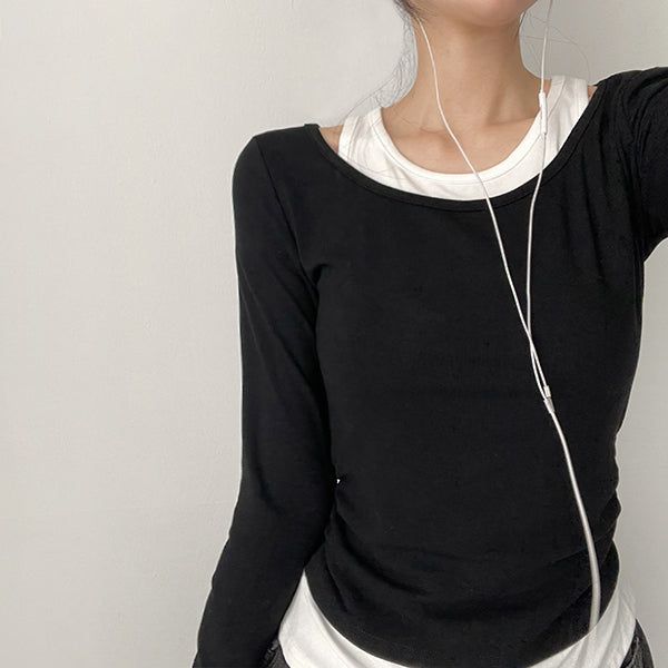Square neck shirring layered long-sleeved shirt