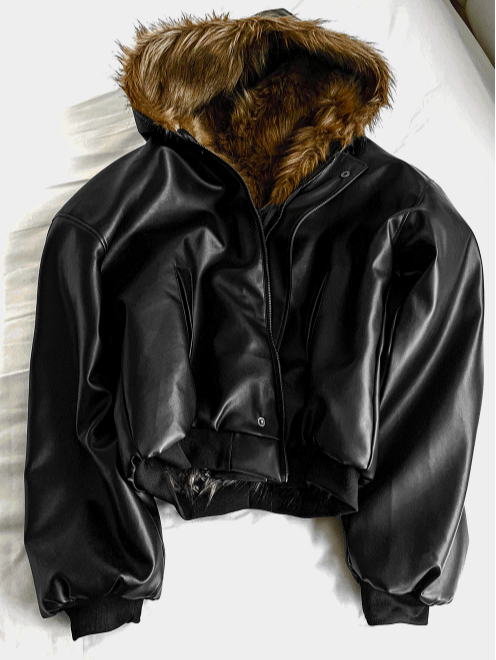 Zeoni fur trim hooded dark black leather jumper