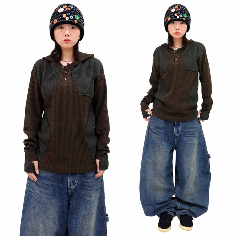Colorblock Waffle Button Warmer Hoodie