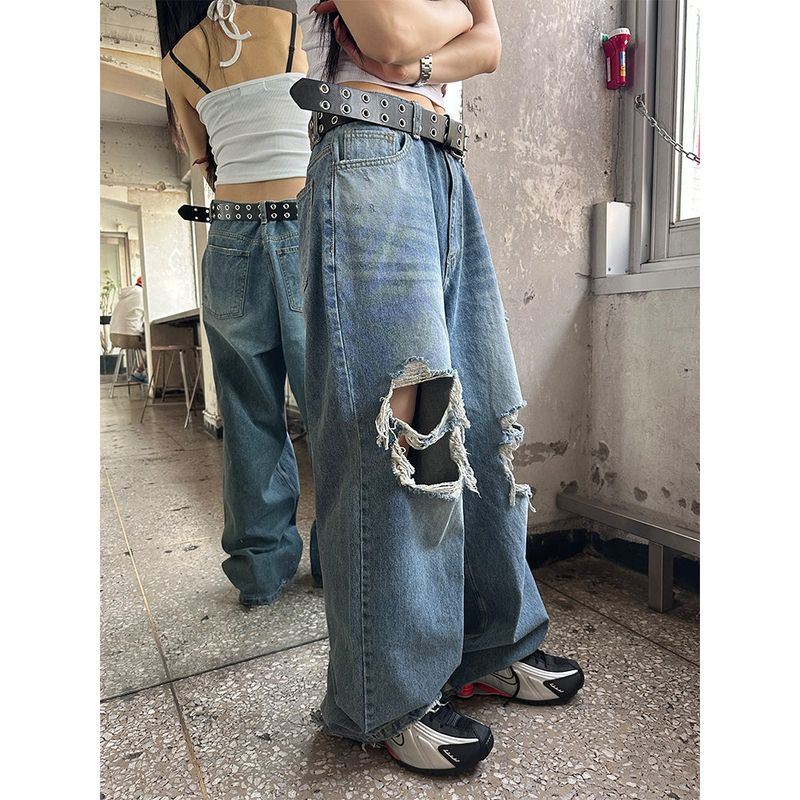  [Unisex] Knee destroyed wide denim pants