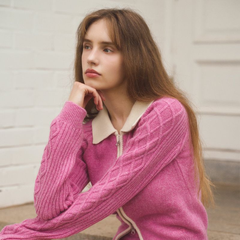 MERINO WOOL ZIP-UP CARDIGAN - PINK
