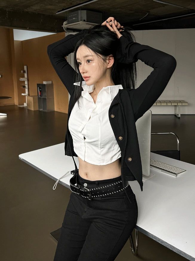 hatsukoshi（ハツコシ）の「Crop Shirt Layered Cardigan SET（Tops）」