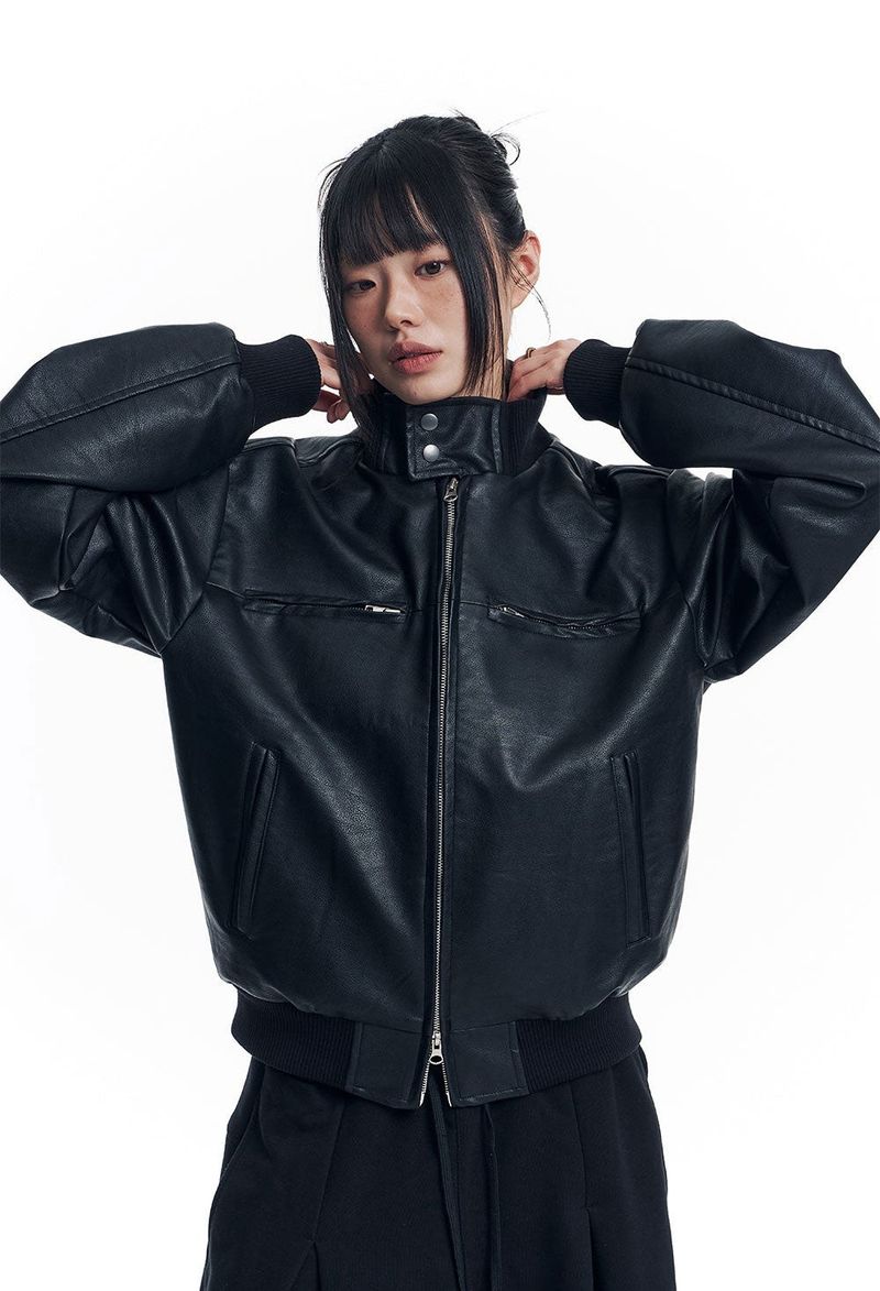 High Neck Leather Crop Jacket - Black