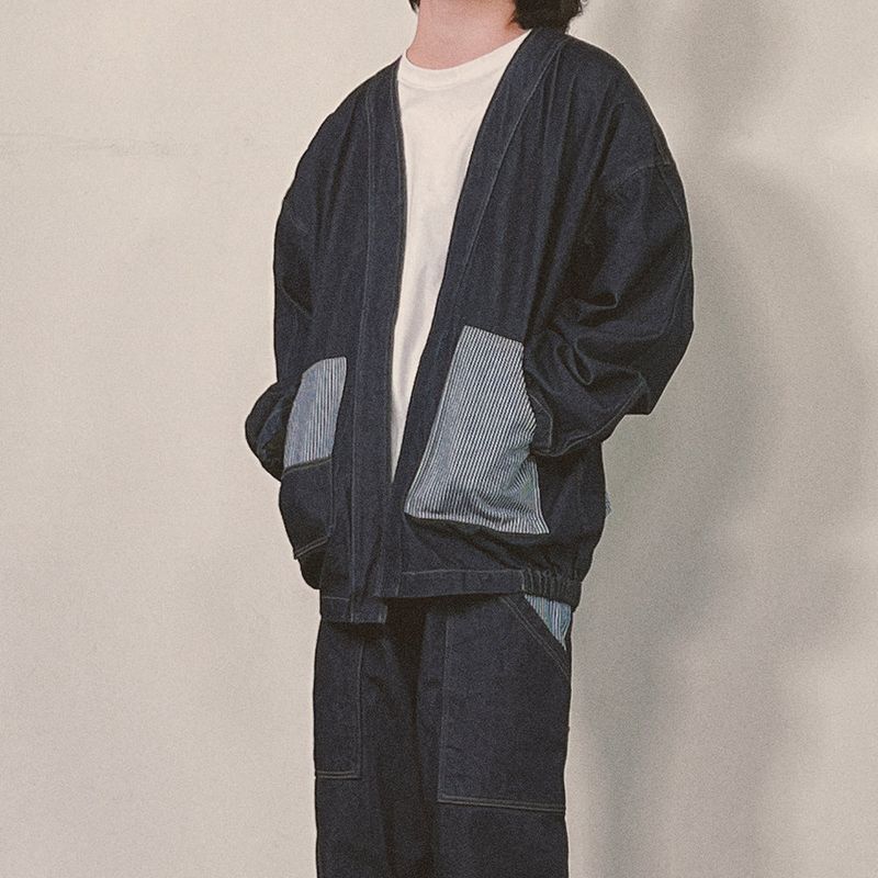 stripe patch denim cardigan_blue
