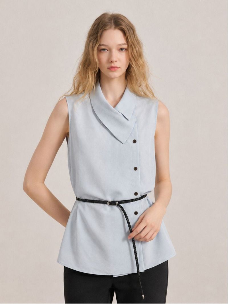 Lunel Wrap Collar Linen Sleeveless Blouse Sky Blue