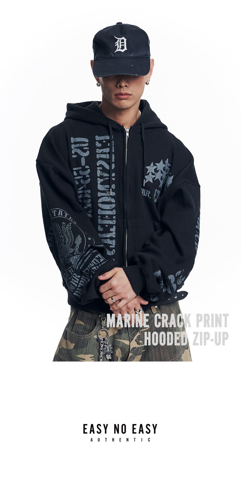 Marine Crack Print Hooded Zip-Up - Black