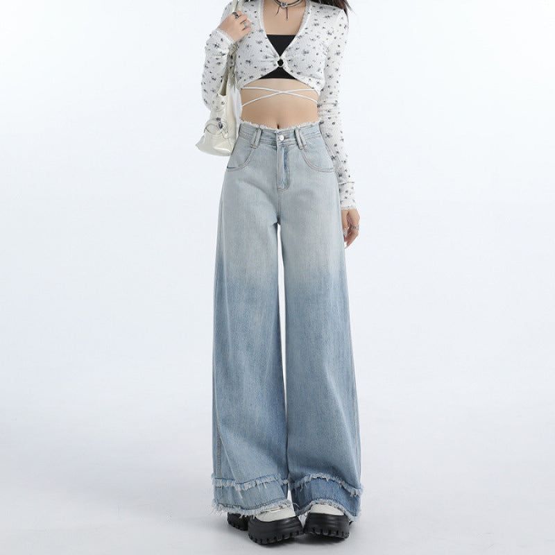 Gradient Blue Raw-Edge Wide-Leg Denim Pants