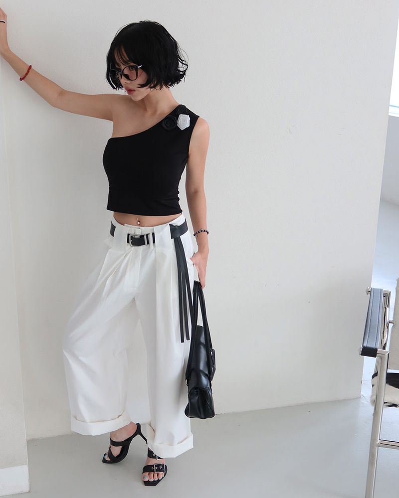 Rose Cosage 3ps Detachable Unbalanced Shoulder Sleeveless