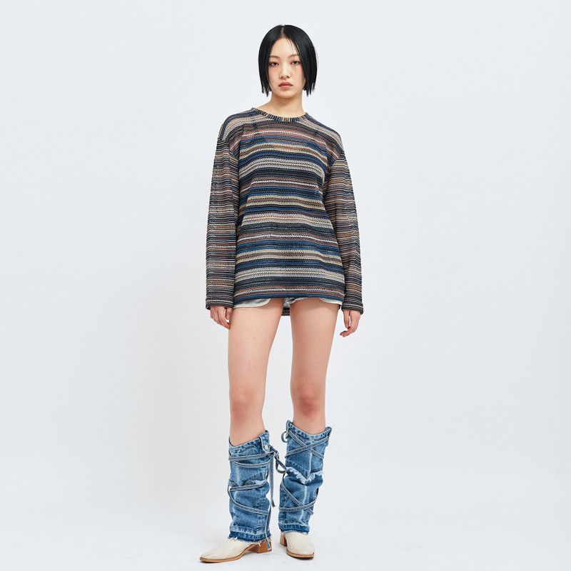 SEE-THROUGH CRAFT KNIT PULLOVER BLUE