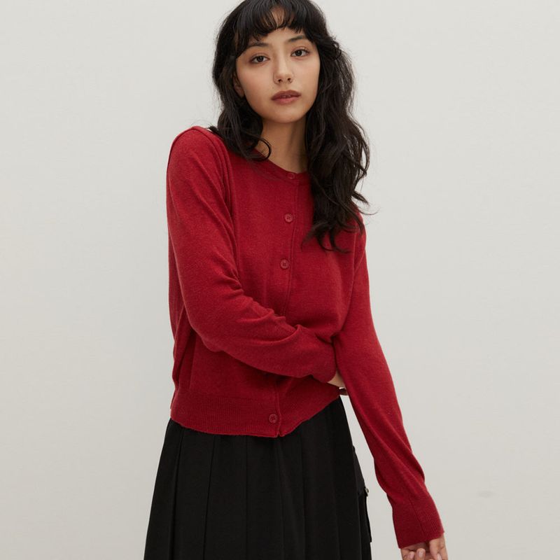 Round Neck Sweater Cardigan Red