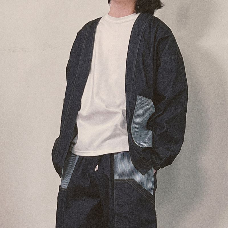 stripe patch denim cardigan_blue