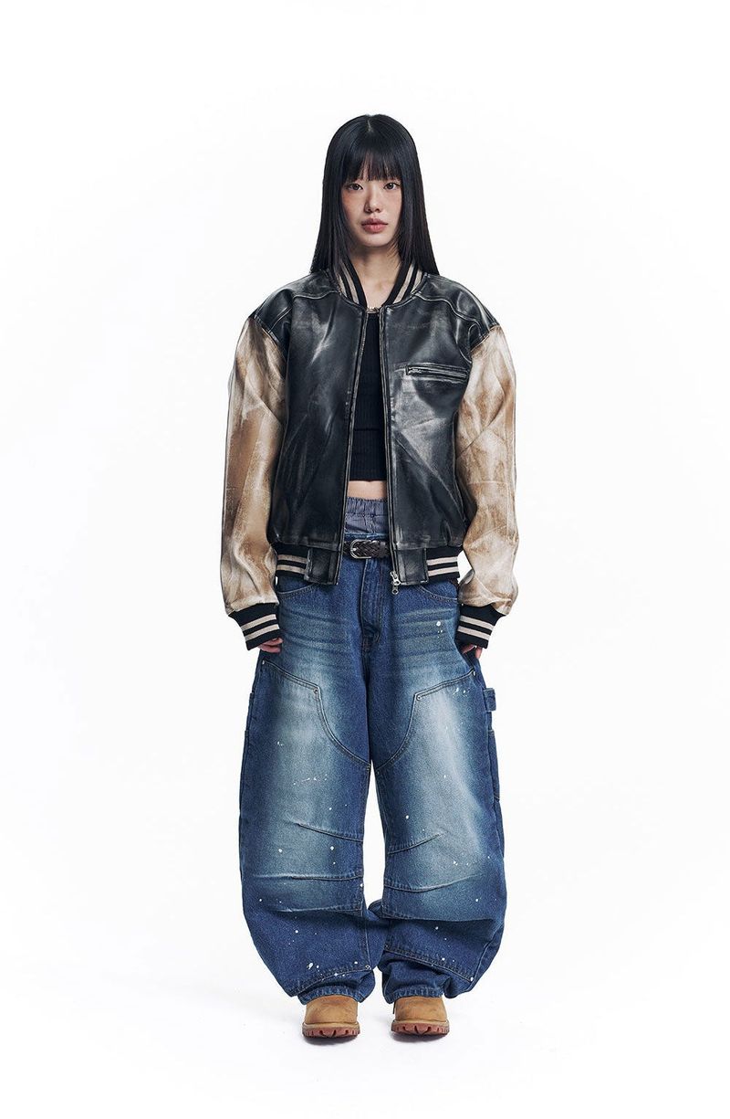 Curved Double Knee Denim Pants - Deep Blue
