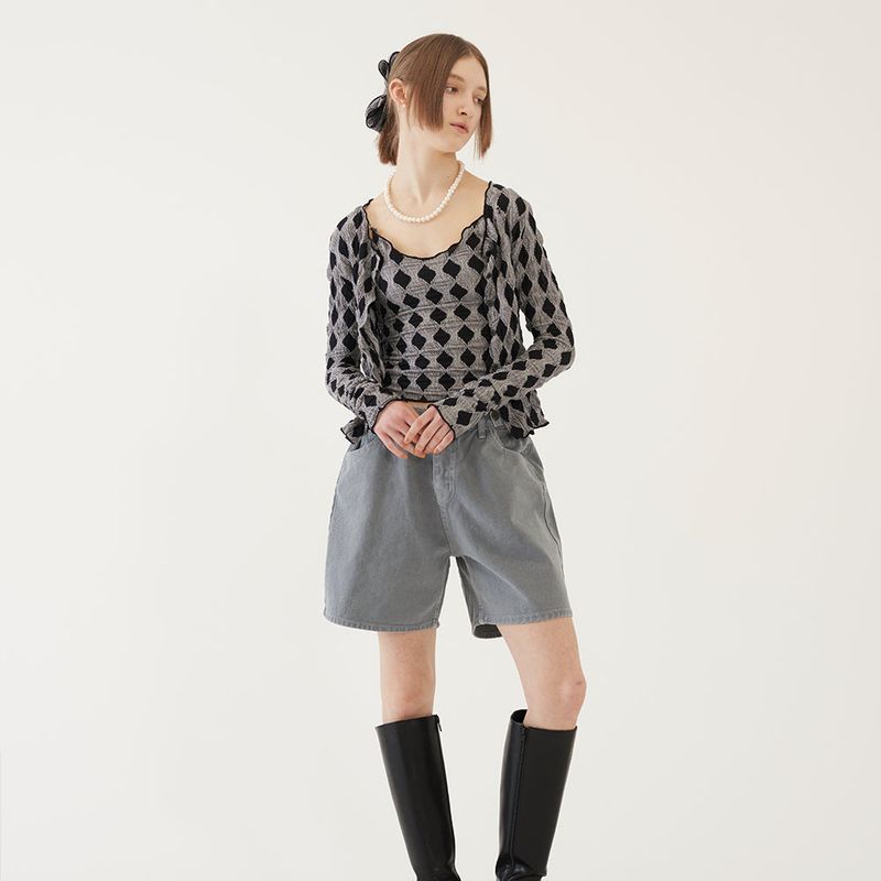 LETTUCE EDGE CARDIGAN SET (GRAY)