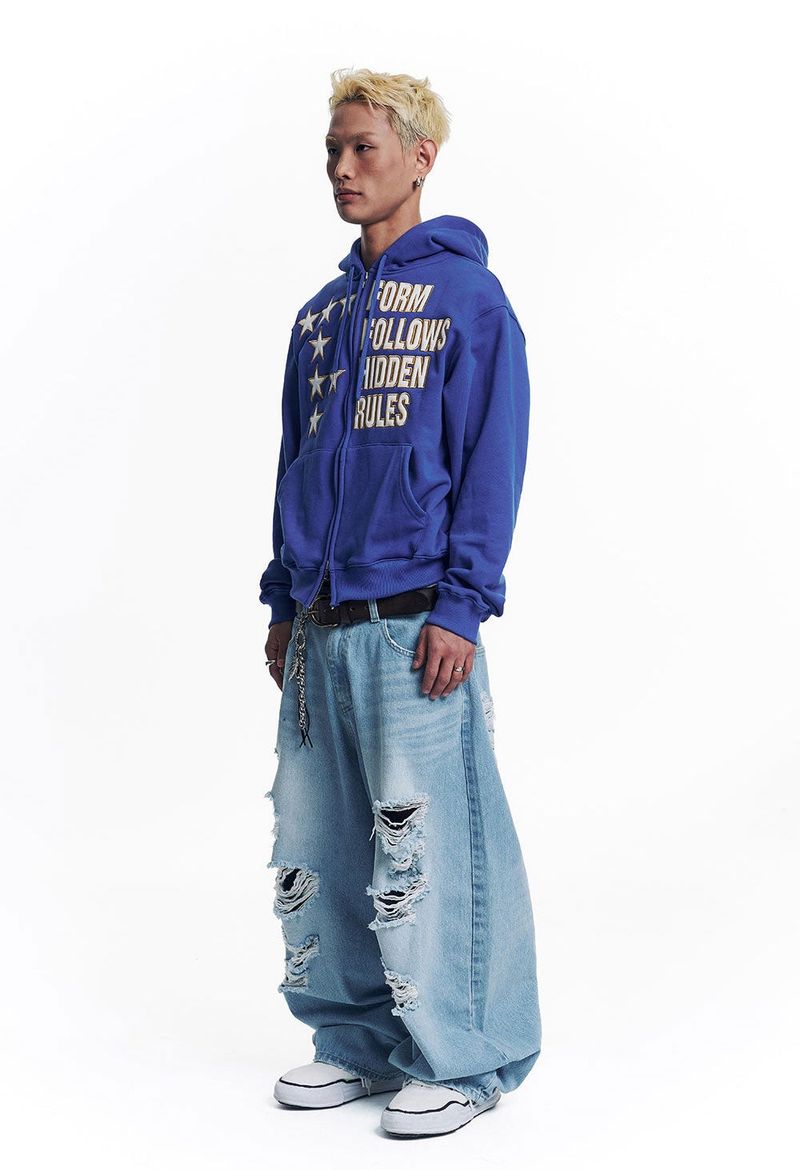 Star Lettering Patch Hoodie Zip-Up - Blue