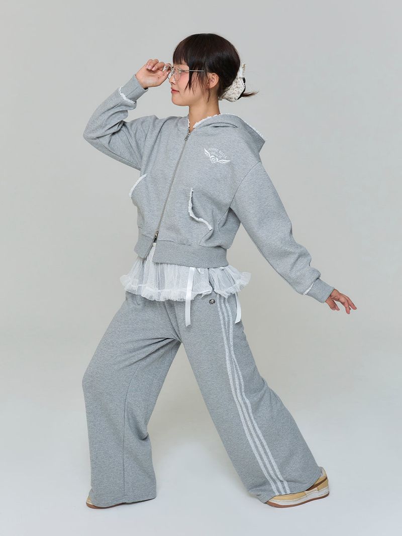 LACE APPLIQUE HOOD ZIP-UP - GRAY