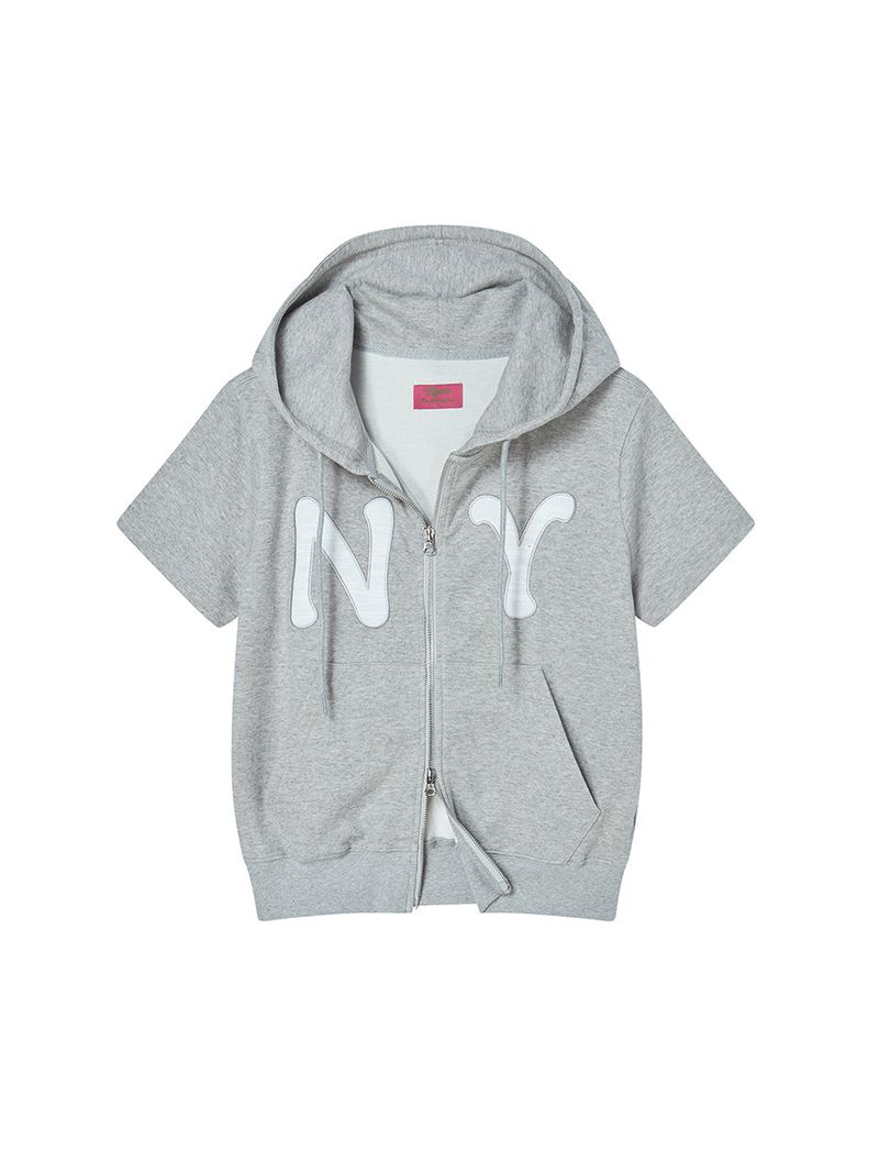 NY APLIQUE SS HOOD ZIP UP GREY