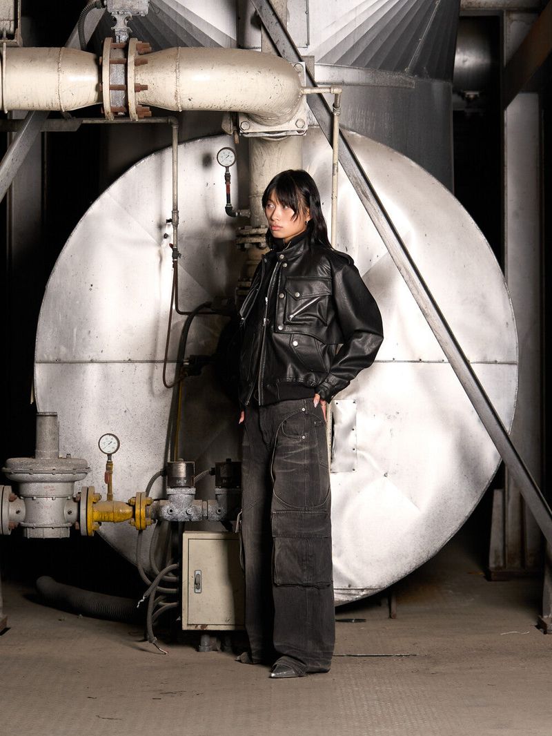Leather Cargo 3way Jacket (Black)