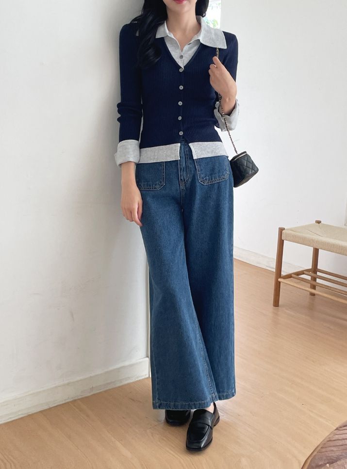 Core Layered Collar Ribbed Knit Cardigan