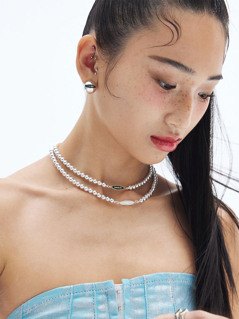 GREEN TAG SILVER BALL NECKLACE