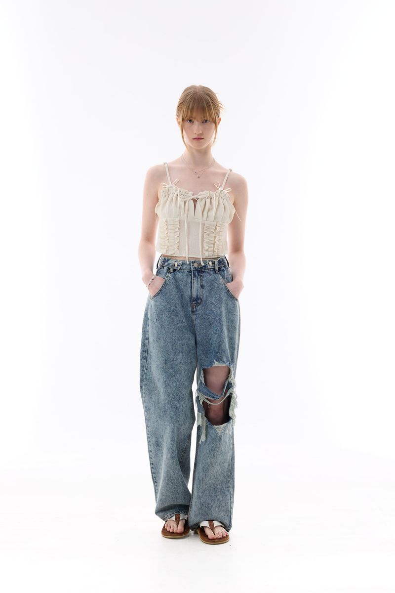 CHARMING DAMAGE WIDE DENIM PANTS