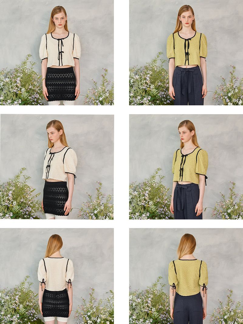 Wrinkle Ribbon Puff Blouse (2colors)
