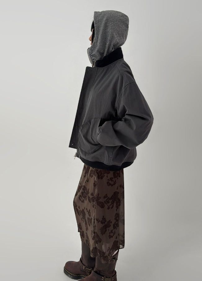 SHIRRING HIGH NECK ZIP-UP