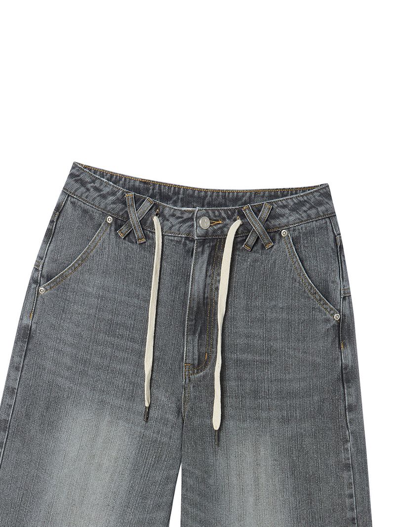 STRING CAPRI DENIM PANTS GREY