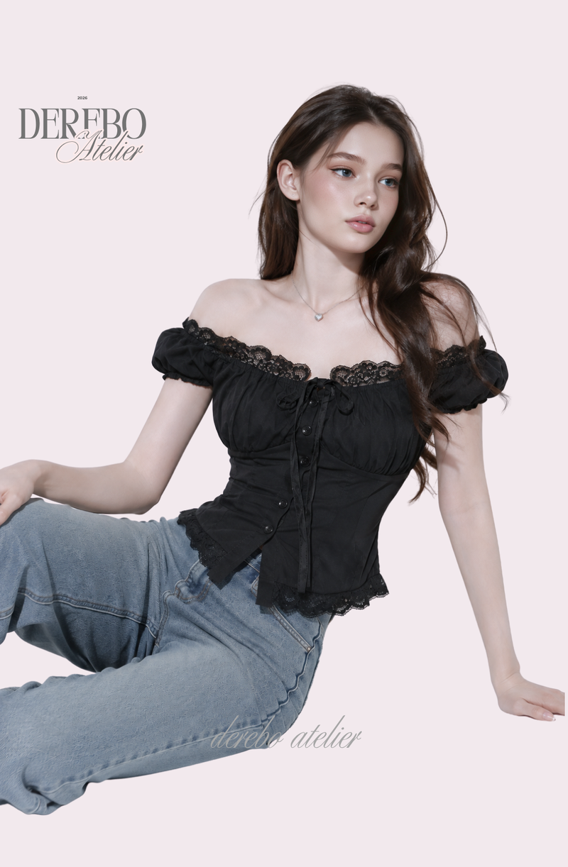 Black lace square short-sleeve blouse