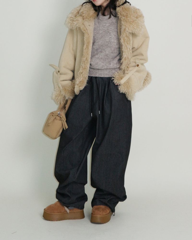 Terry Stripe Banding Carpenter Wide Denim Pants (for all four seasons)