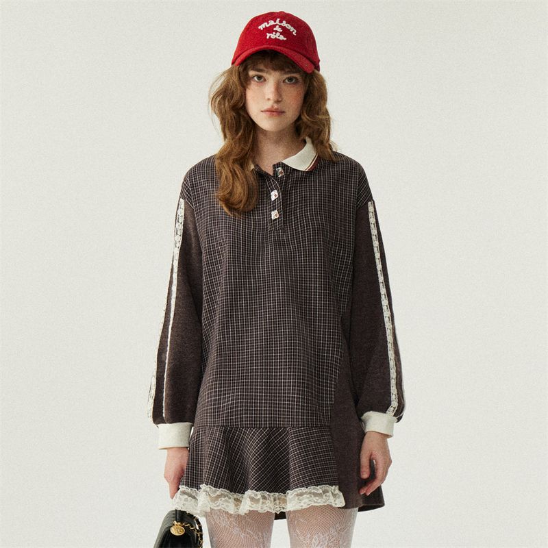 Lace Patchwork Check Sweatshirt Dress