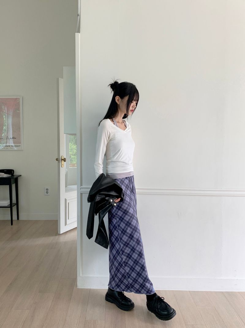 Shabin Vintage Y2K Check Pattern Ribbon Long Skirt