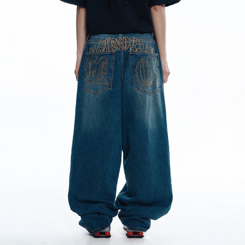 Lettering Wide Denim Pants - DEEP BLUE