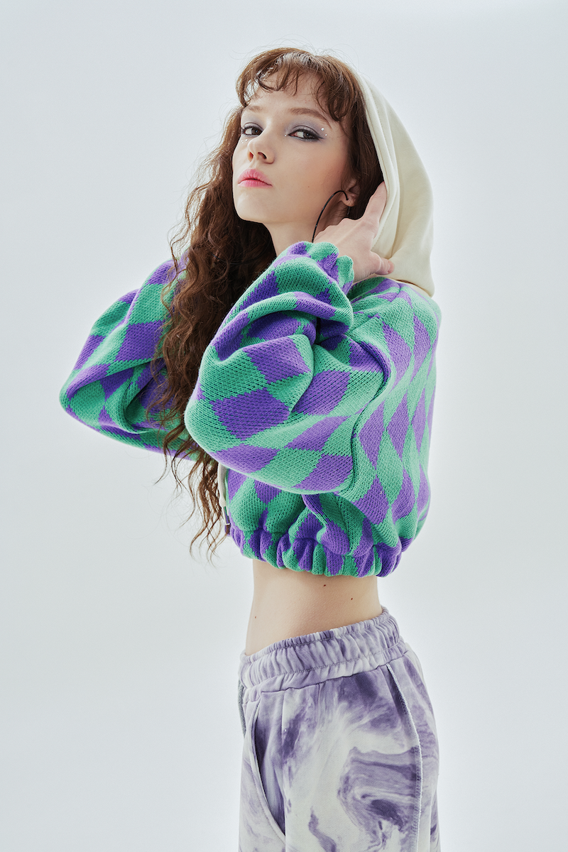 big logo argyle crop hood_purple&green