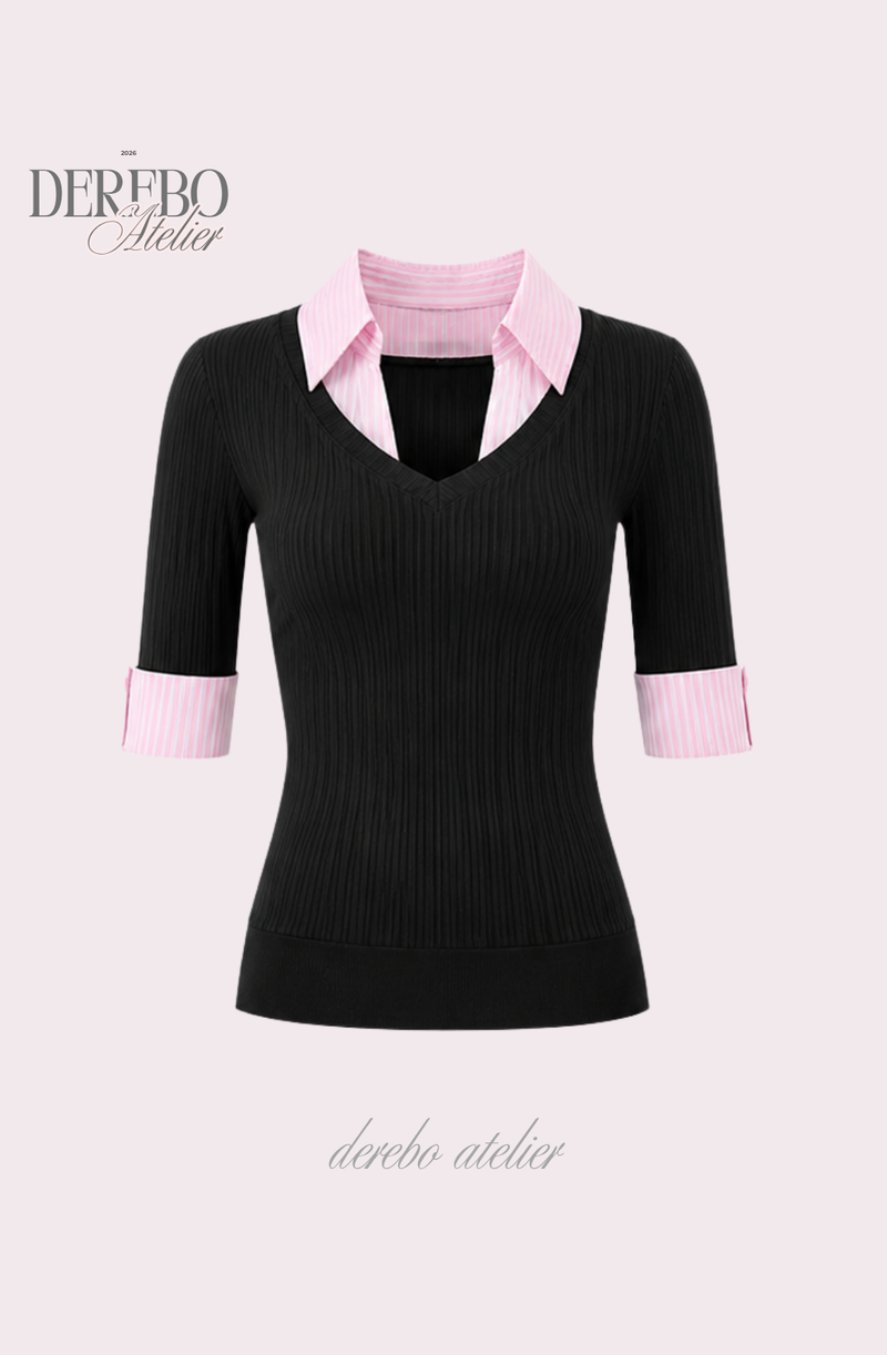 Pink black steady collar V top
