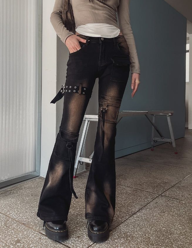 Boldy Eyelet Belted Bootcut Denim Pants
