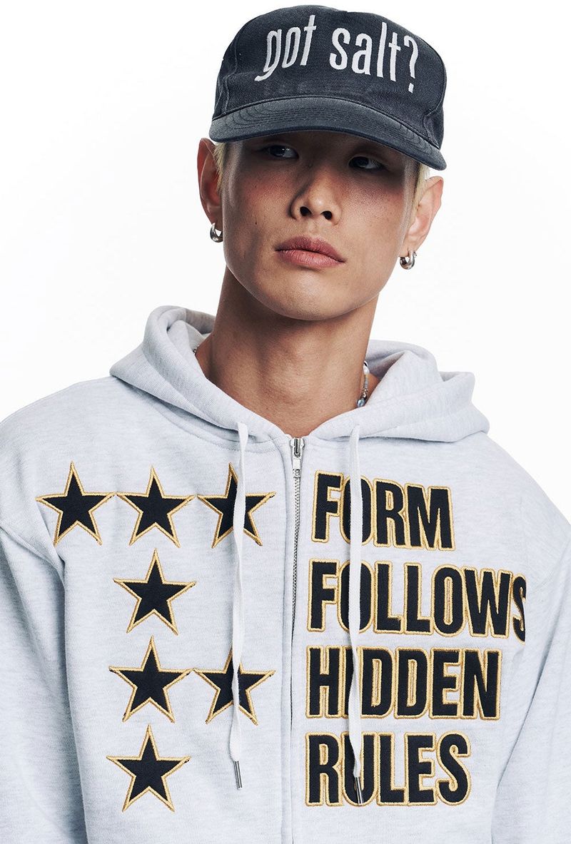 Star Lettering Patch Hoodie Zip-Up - White