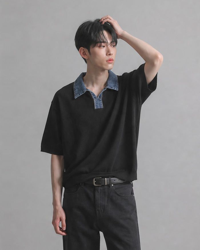 (M's) Denim Collar Half Knit