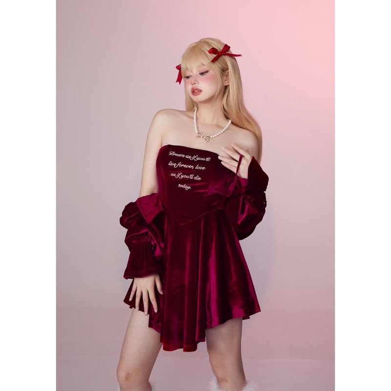 [Girly Fancy Club] レトロレッドベルベットツーピースプリンセスドレス