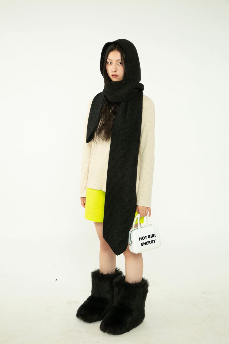Yak Wool Ribbed Hooded Scarf
