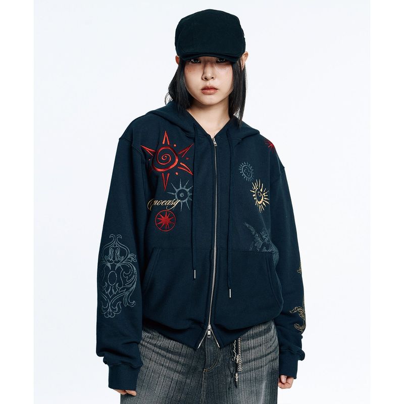 Multi-Print Crop Hoodie Zip-Up - Black