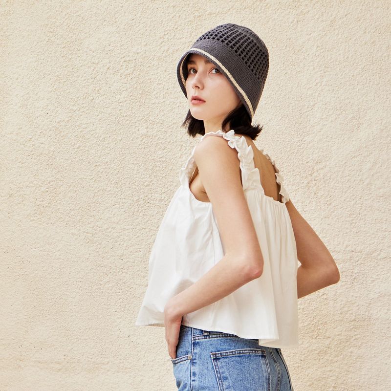 VA Top Button Knit Crochet Bucket Hat / Gray