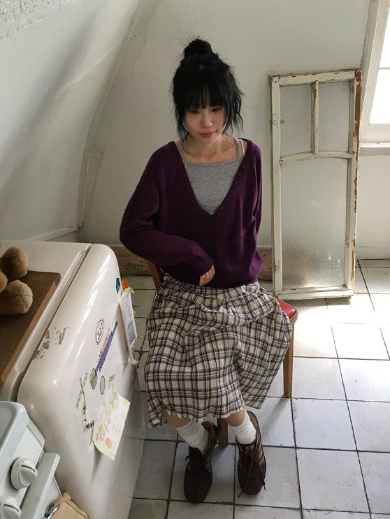 Noelle Vintage Check Banding Long Skirt
